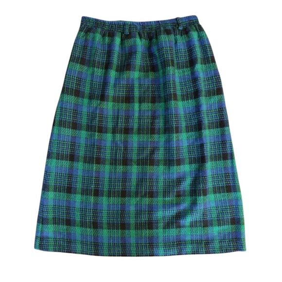 VTG Green Blue Plaid High Rise Pull On Wool Blend Midi Skirt Size 14 (*Large) - Picture 11 of 15